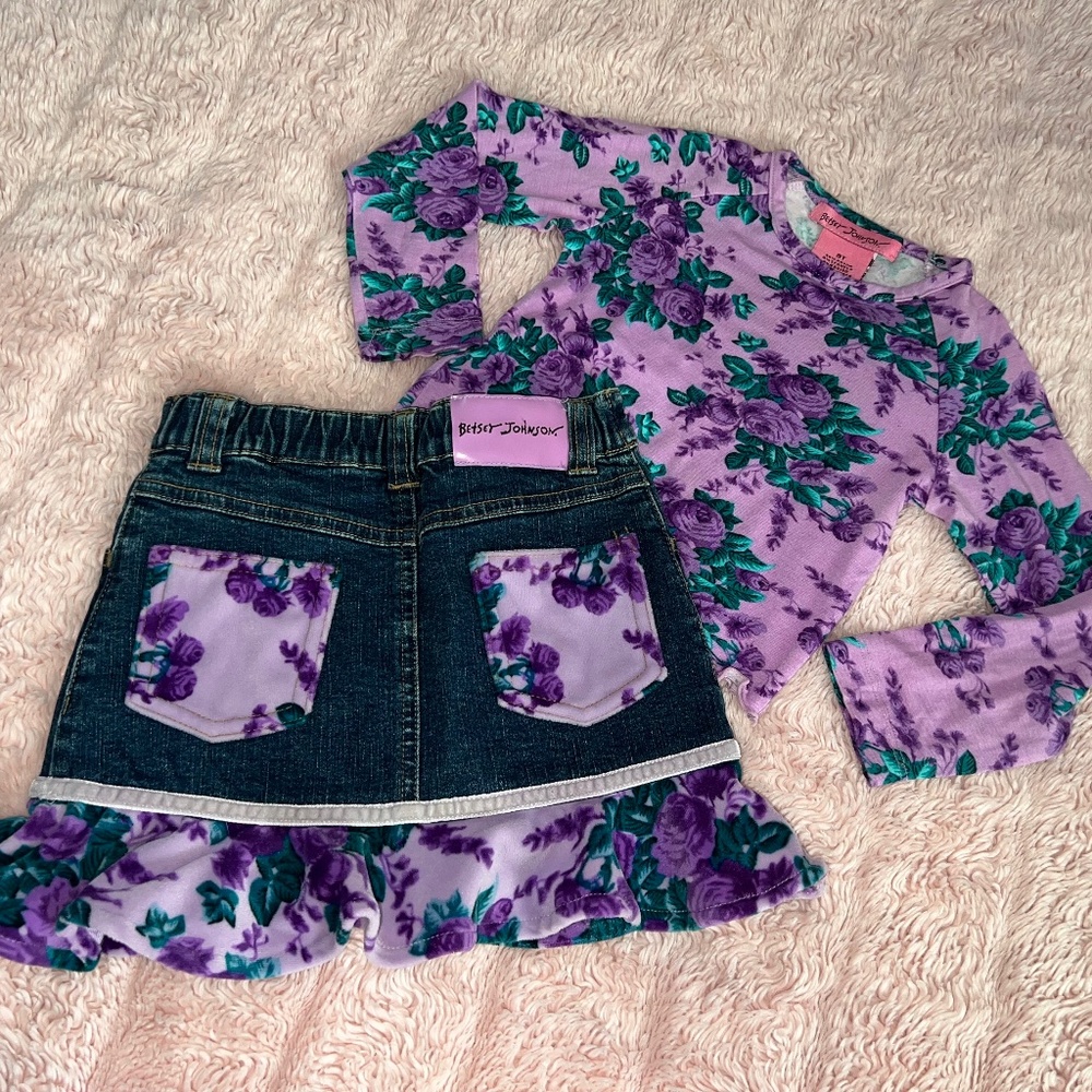 Betsey Johnson Skirt Top Set Denim Velvet Ruffle Lavender Girls 3T Roses Vintage